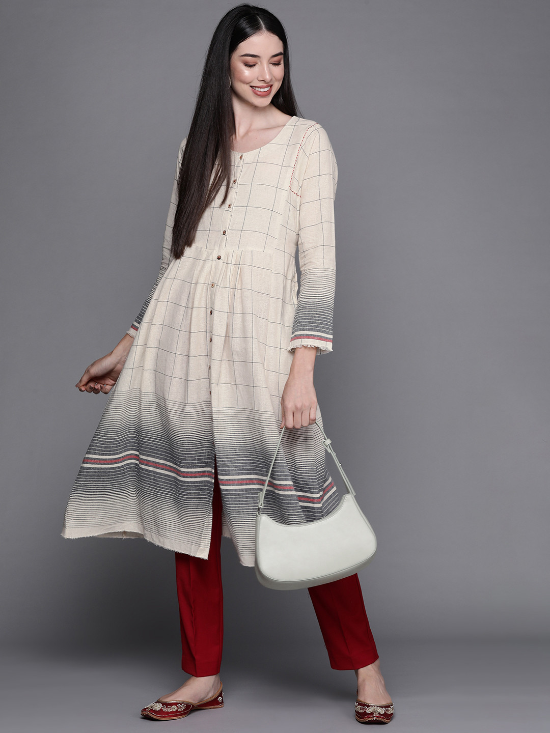 

Biba Women Off White & Grey Checked Extended Sleeves Anarkali Kurta