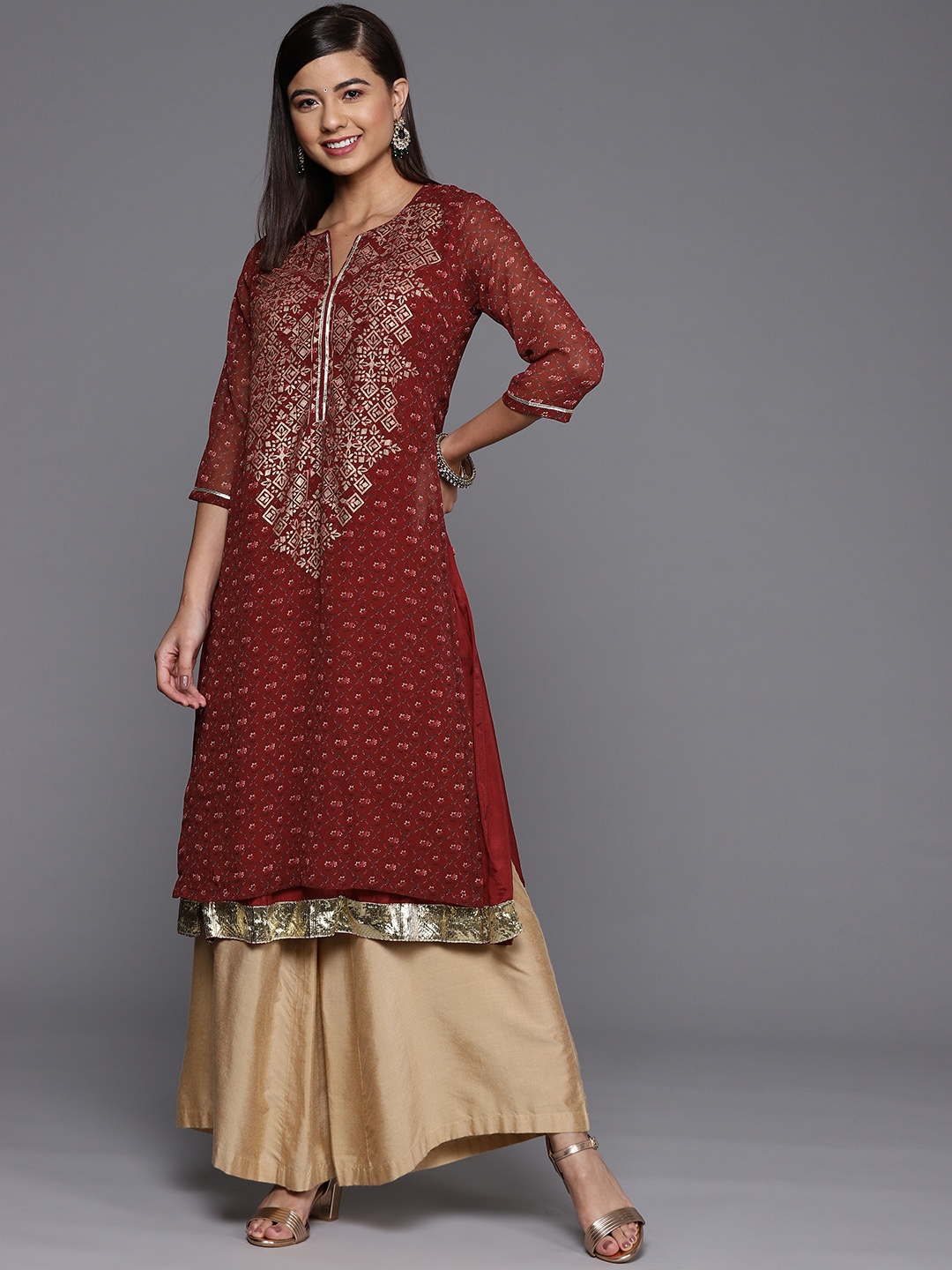 

Biba Women Maroon & Beige Ethnic Motifs Printed Kurta