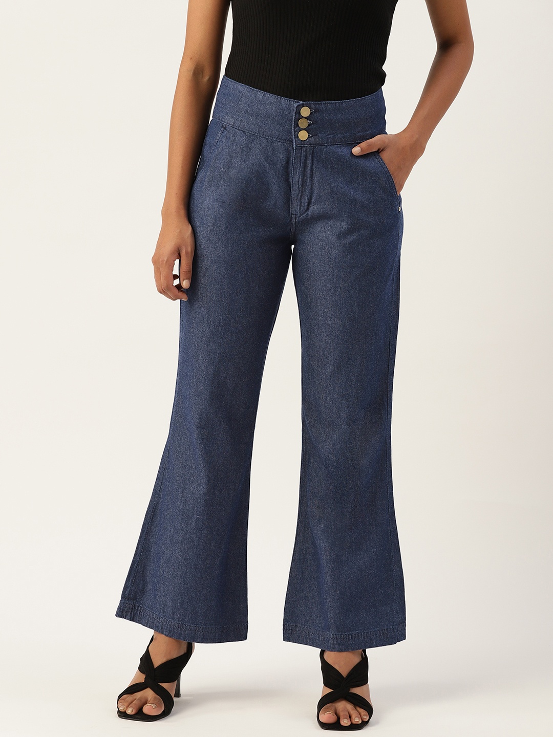 

DressBerry Women Navy Blue Pure Cotton Flared High-Rise Chambray Bootcut Trousers