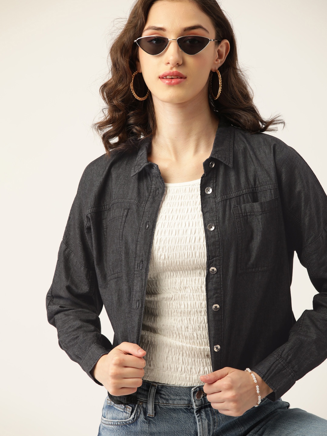 

DressBerry Women Charcoal Grey Pure Cotton Chambray Shirt