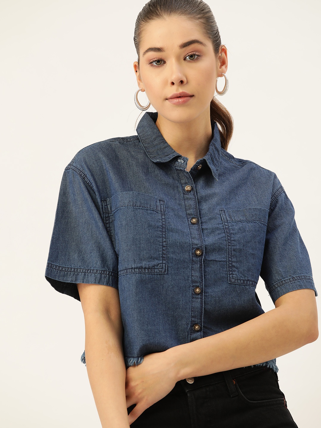 

DressBerry Women Blue Pure Cotton Denim Casual Shirt With Frayed Hem