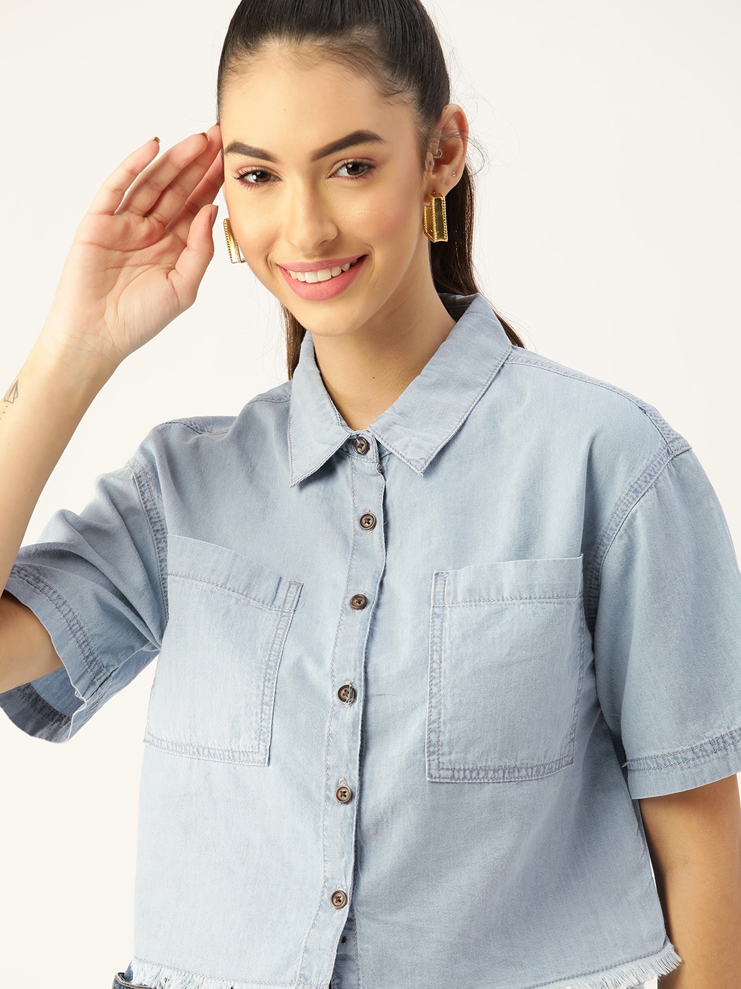 

DressBerry Women Blue Pure Cotton Solid Boxy Denim Shirt