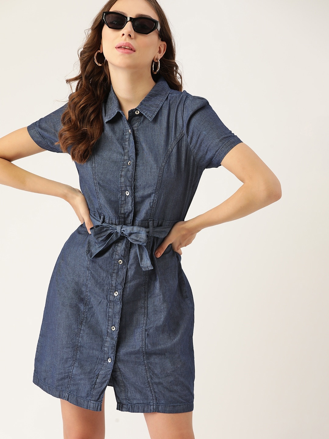 

DressBerry Navy Blue Denim A-Line Belted Dress