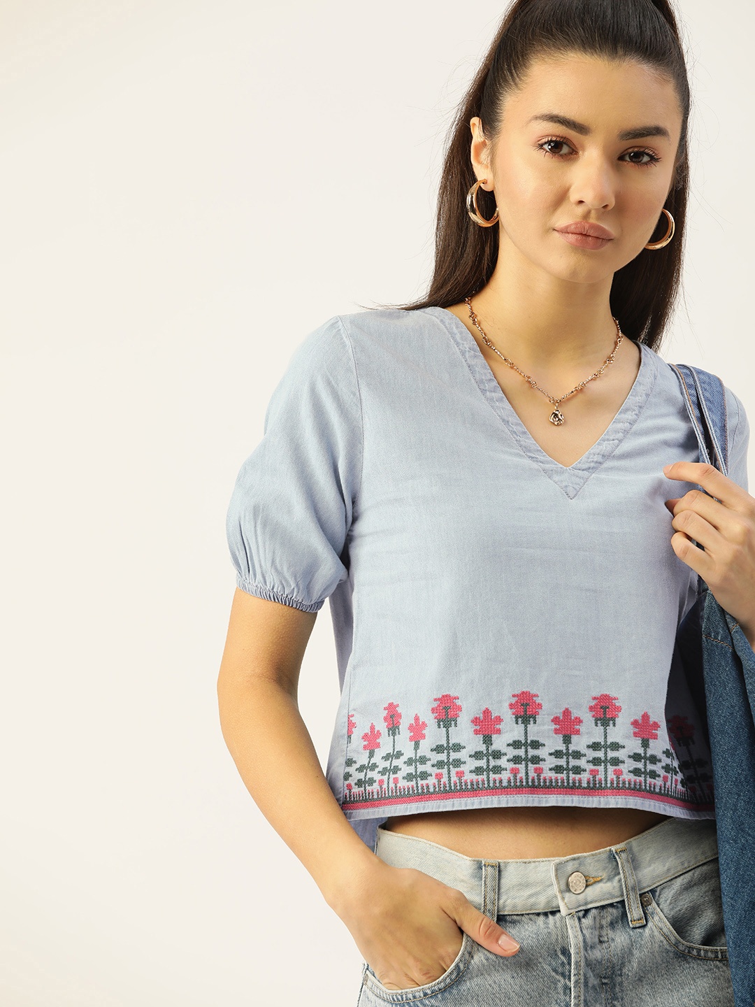 

DressBerry Blue & Pink Floral Embroidered Pure Cotton Regular Top