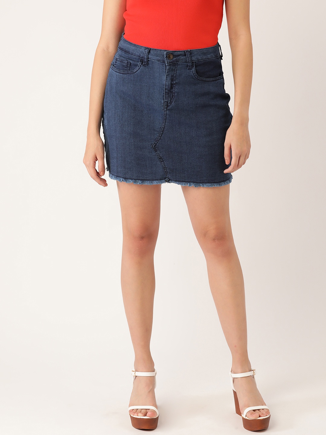 

DressBerry Women Navy Blue Pure Cotton Solid Mid-Rise Denim Straight Mini Skirt