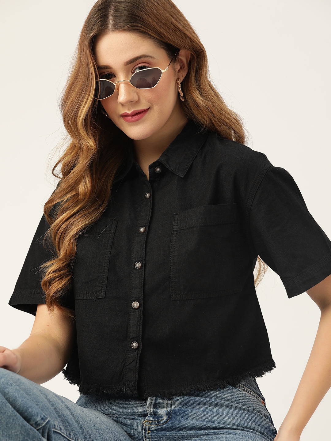 

DressBerry Women Black Pure Cotton Cropped Casual Shirt