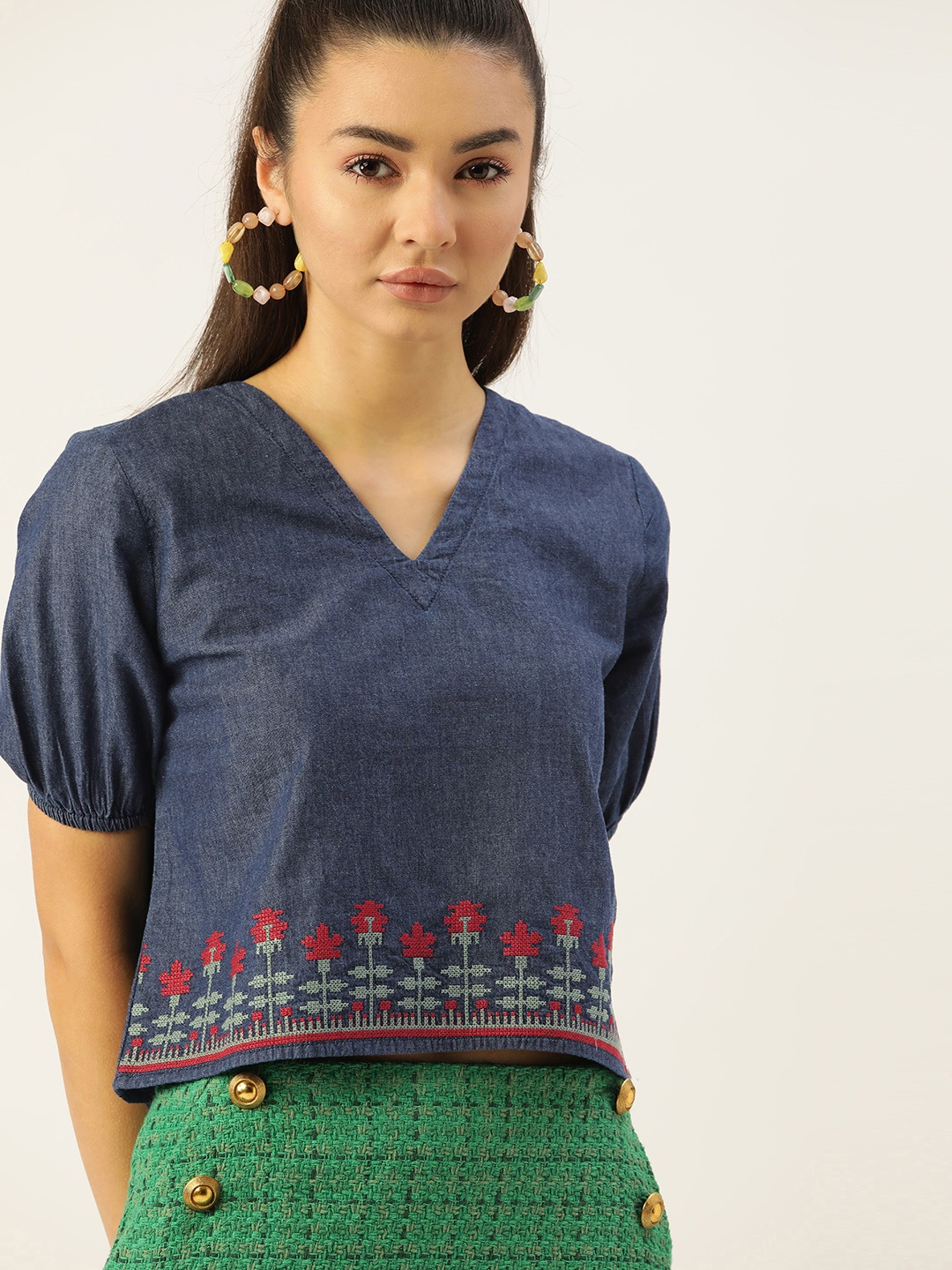 

DressBerry Navy Blue & Red Floral Embroidered Pure Cotton Regular Top