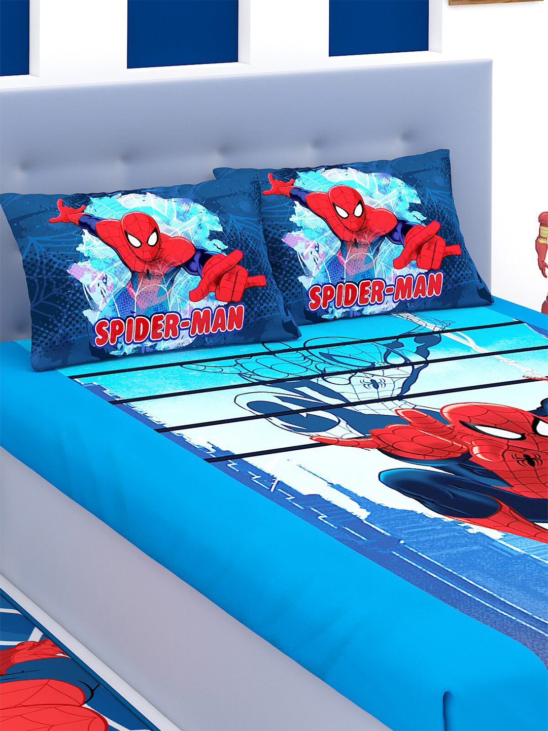 

Marvel Kids Blue & Red Spider Man 180 TC Cotton Double King Bedsheet With 2 Pillow Covers