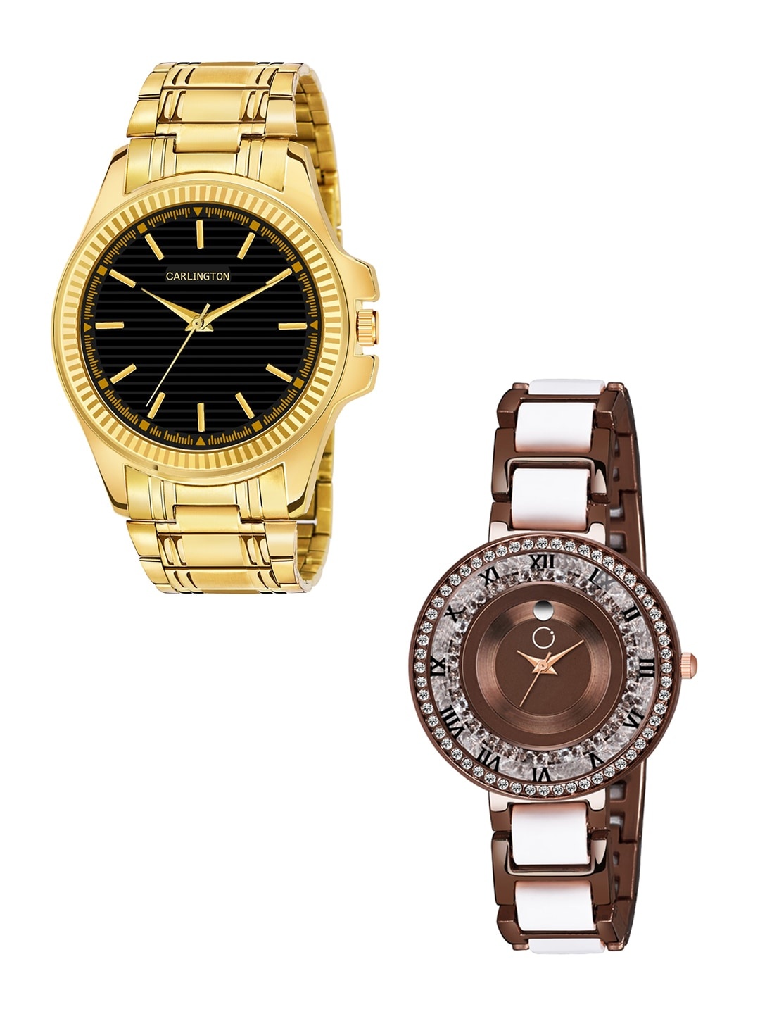 

CARLINGTON Unisex Pack-2 Multicoloured Analogue Watch Combo CT-6120GB and Mova BrownWhite, Black