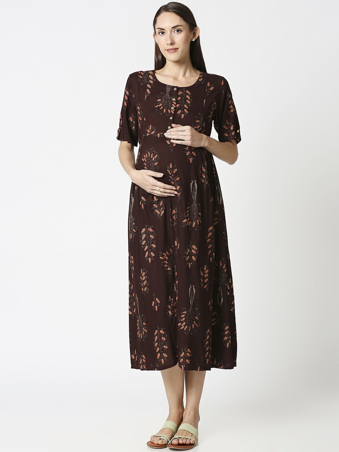 

AV2 Brown Printed Maternity Midi Dress