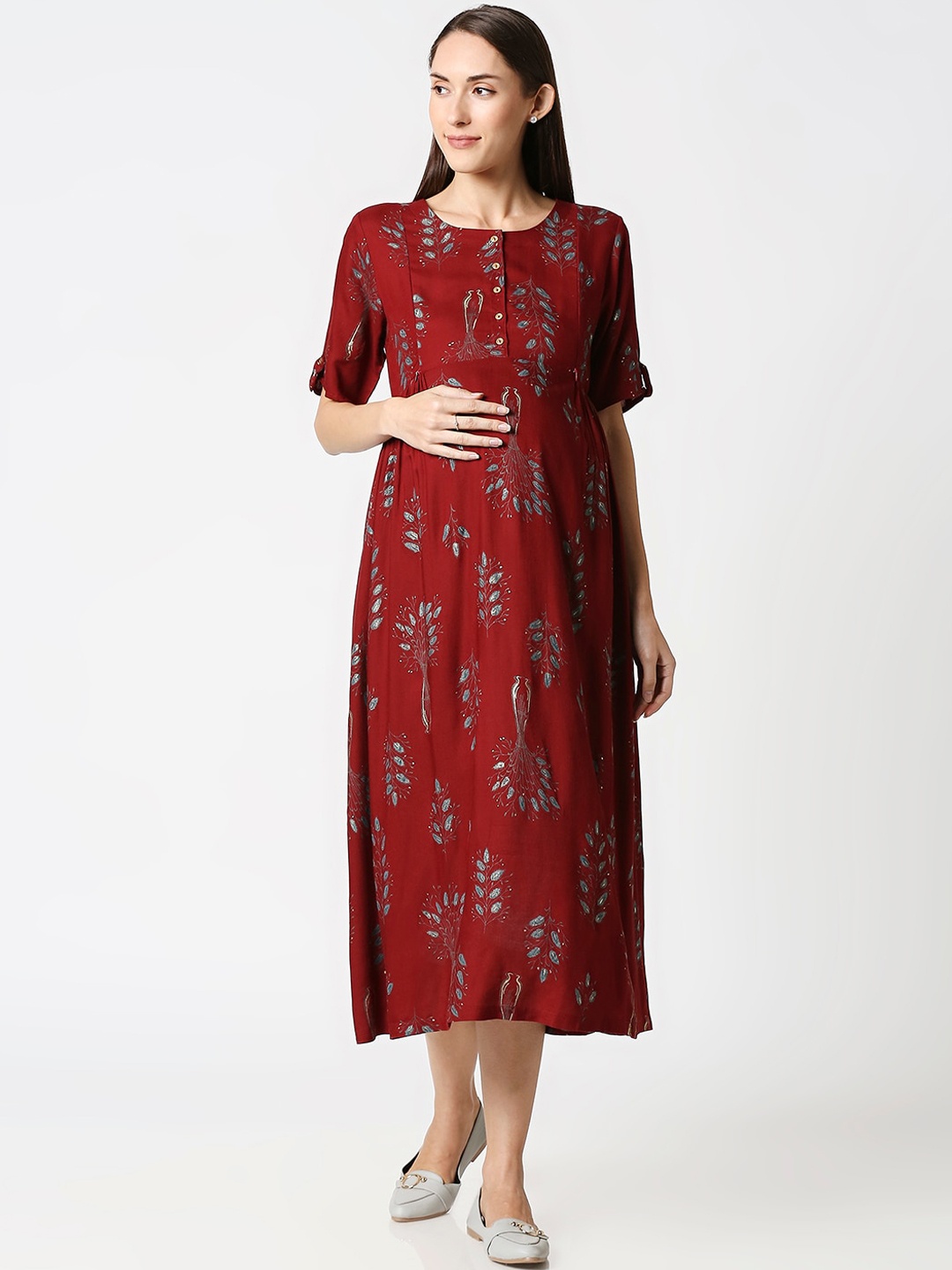 

AV2 Maroon Floral Printed Maternity Midi Dress