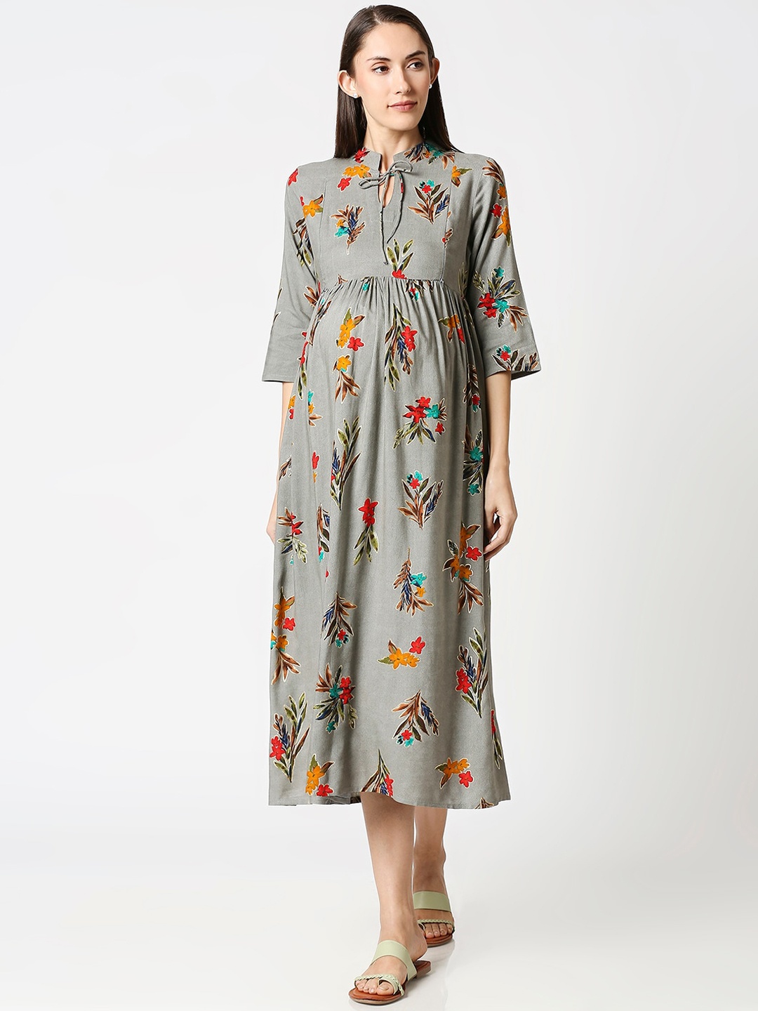 

AV2 Grey Floral Tie-Up Neck Printed Maternity Midi Dress