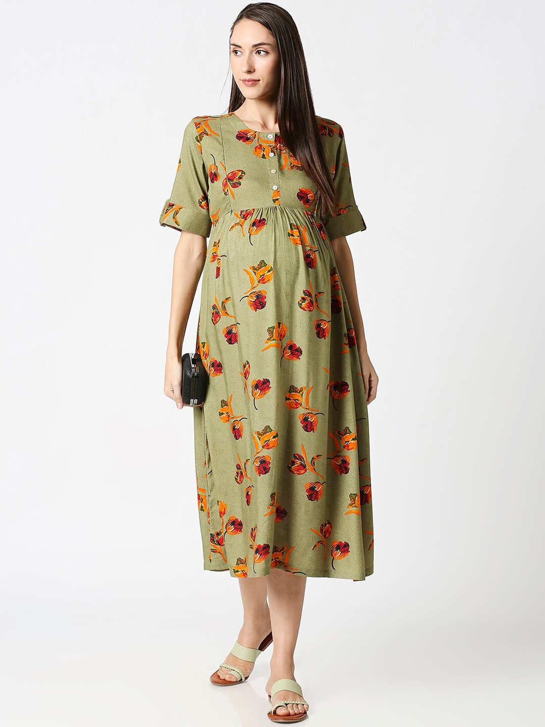 

AV2 Green Floral Printed Maternity Midi Dress