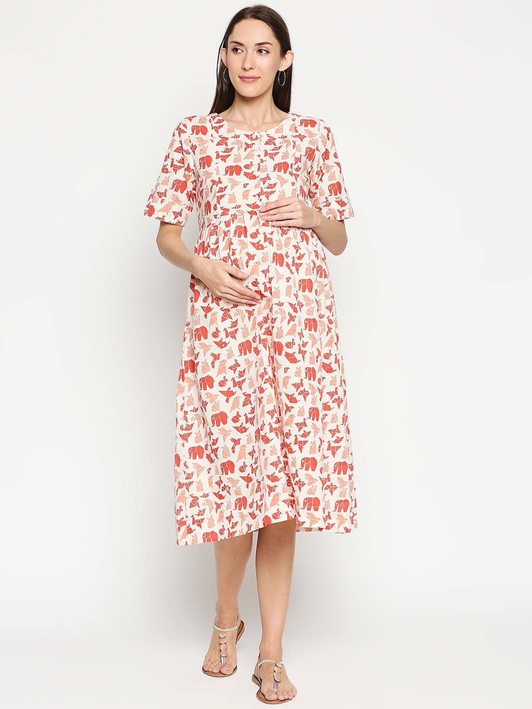 

AV2 Orange Floral Printed Maternity Midi Dress