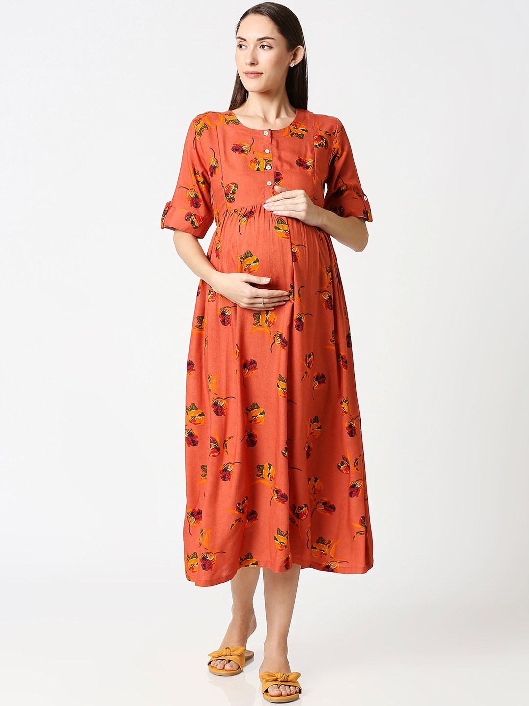 

AV2 Orange Floral Printed Maternity Empire Midi Dress