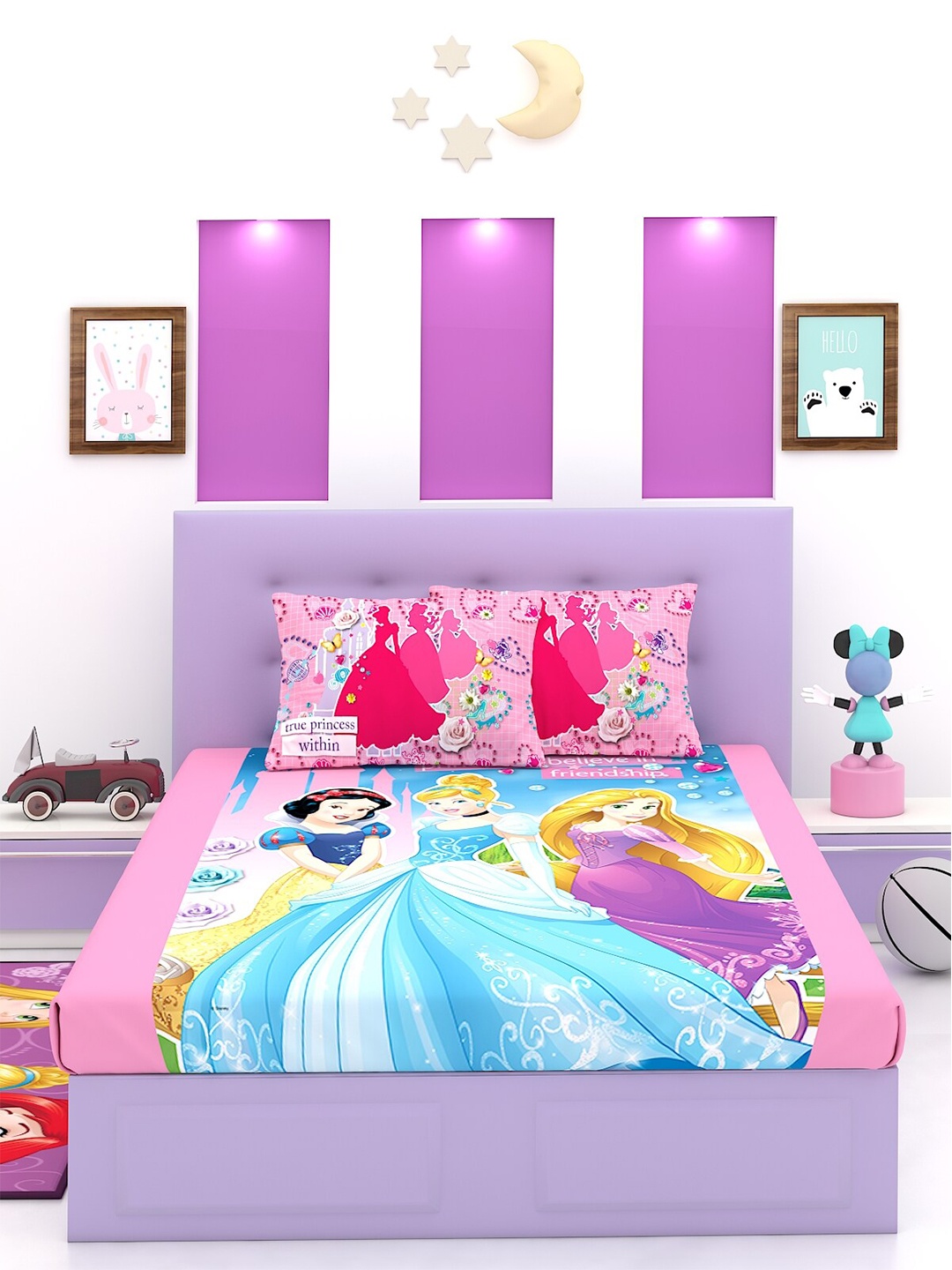 

Disney Pink & Blue Cartoon Characters 180 TC King Bedsheet with 2 Pillow Covers