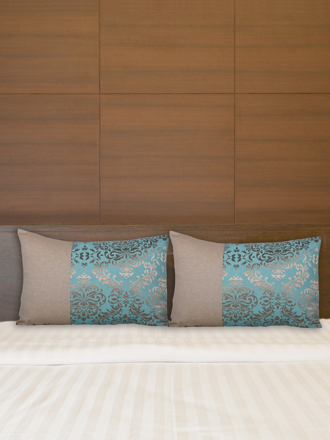 

Home Pack Of 2 Turquoise Blue & Grey Jacquard Printed Cotton Pillow Covers