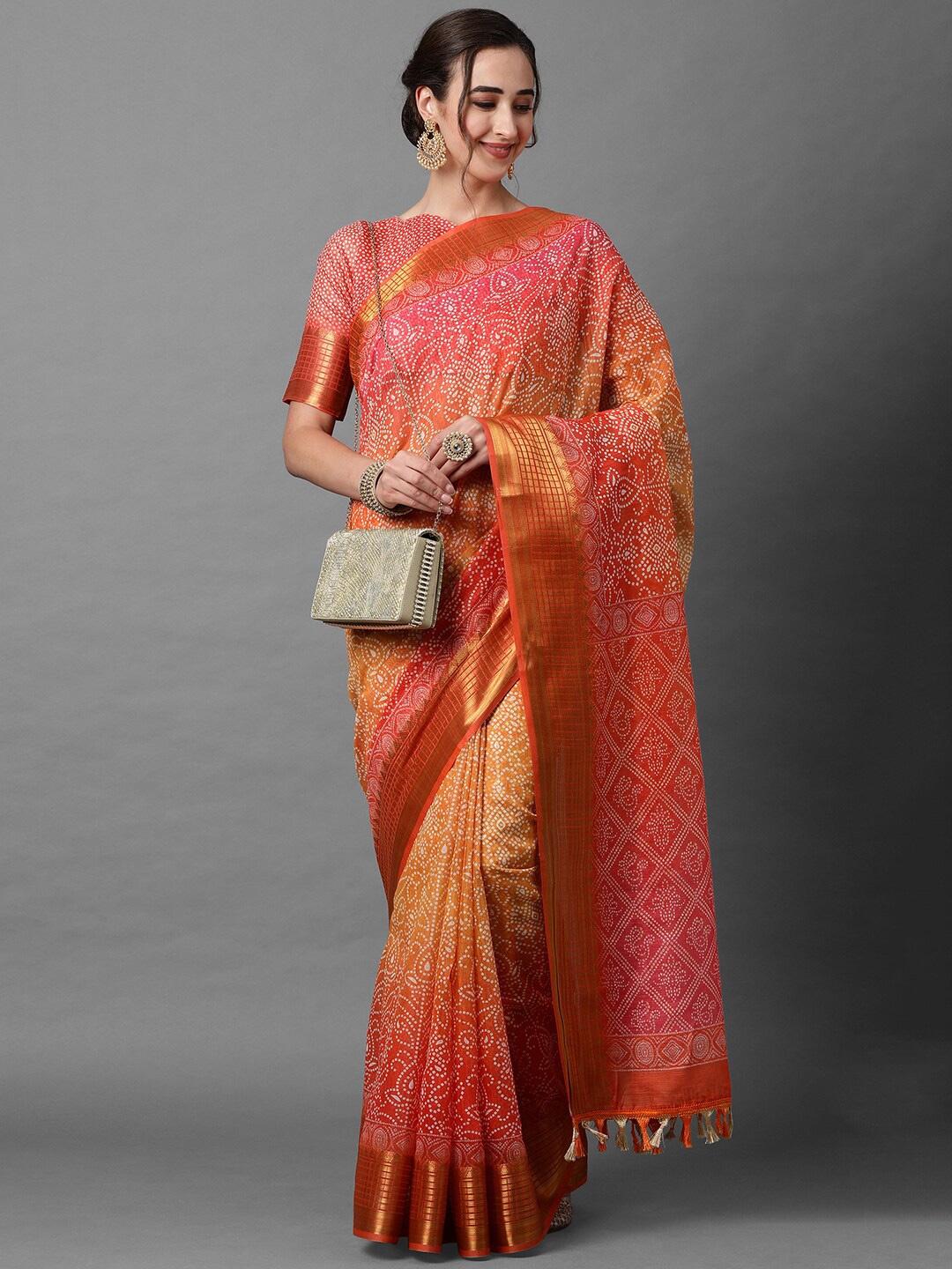 

Mitera Orange & White Bandhani Zari Linen Blend Bandhani Saree