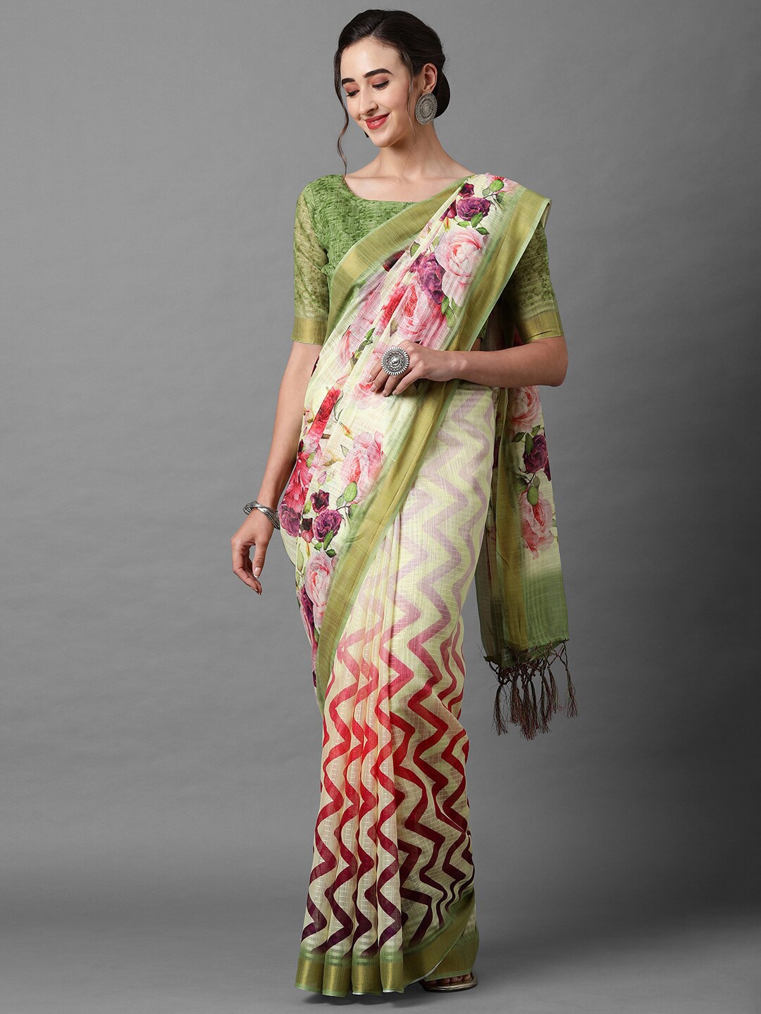 

Mitera Yellow & Green Zari Linen Blend Saree
