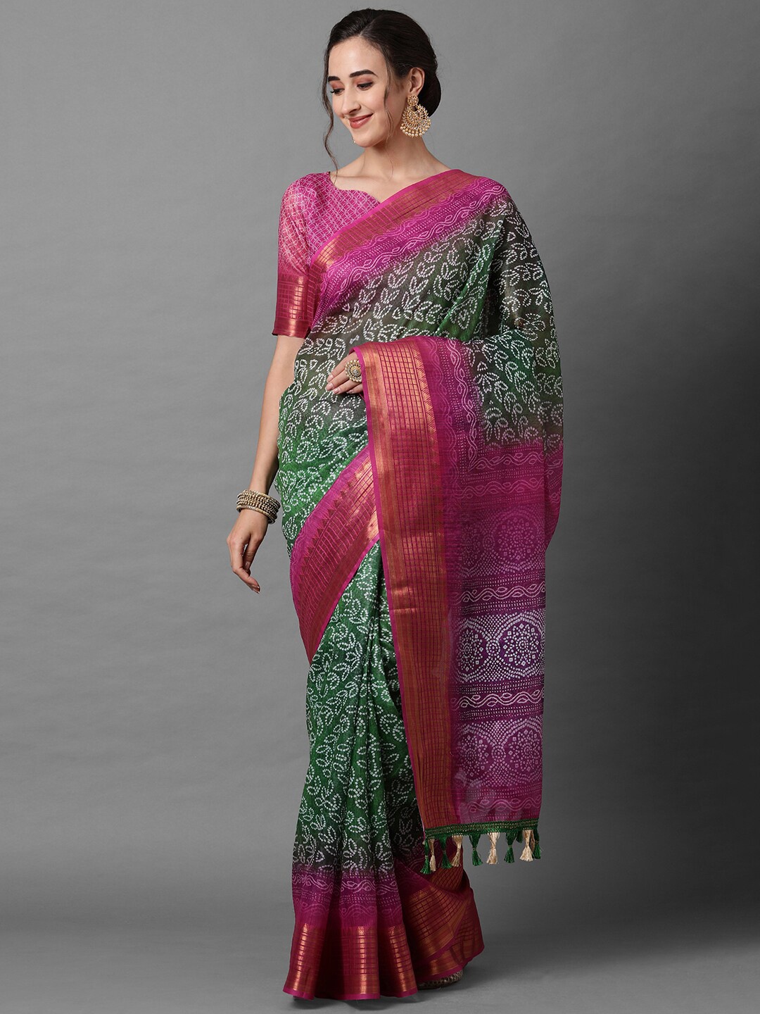 

Mitera Green & Pink Bandhani Zari Linen Blend Bandhani Saree