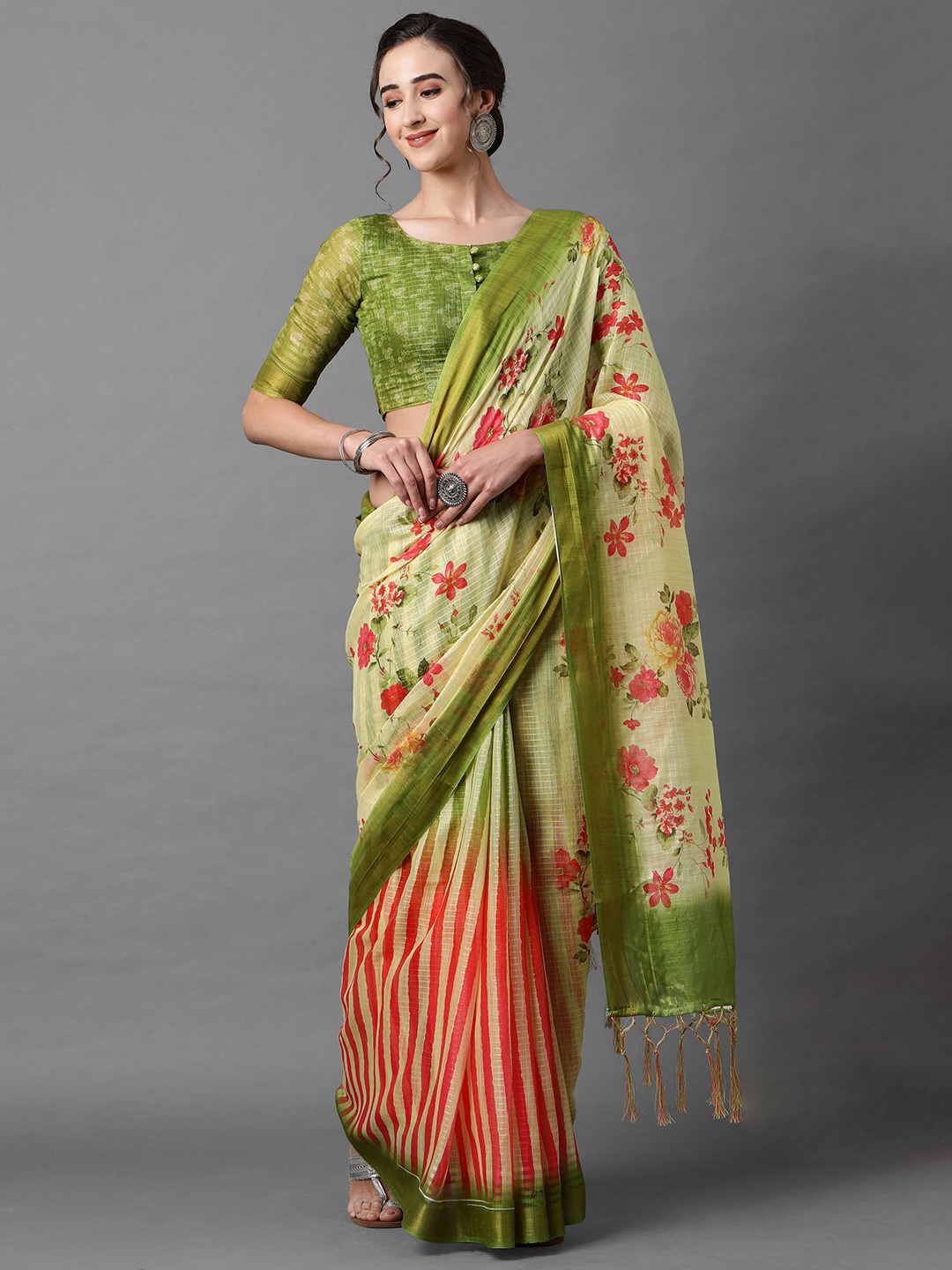 

Mitera Yellow & Green Floral Zari Linen Blend Saree