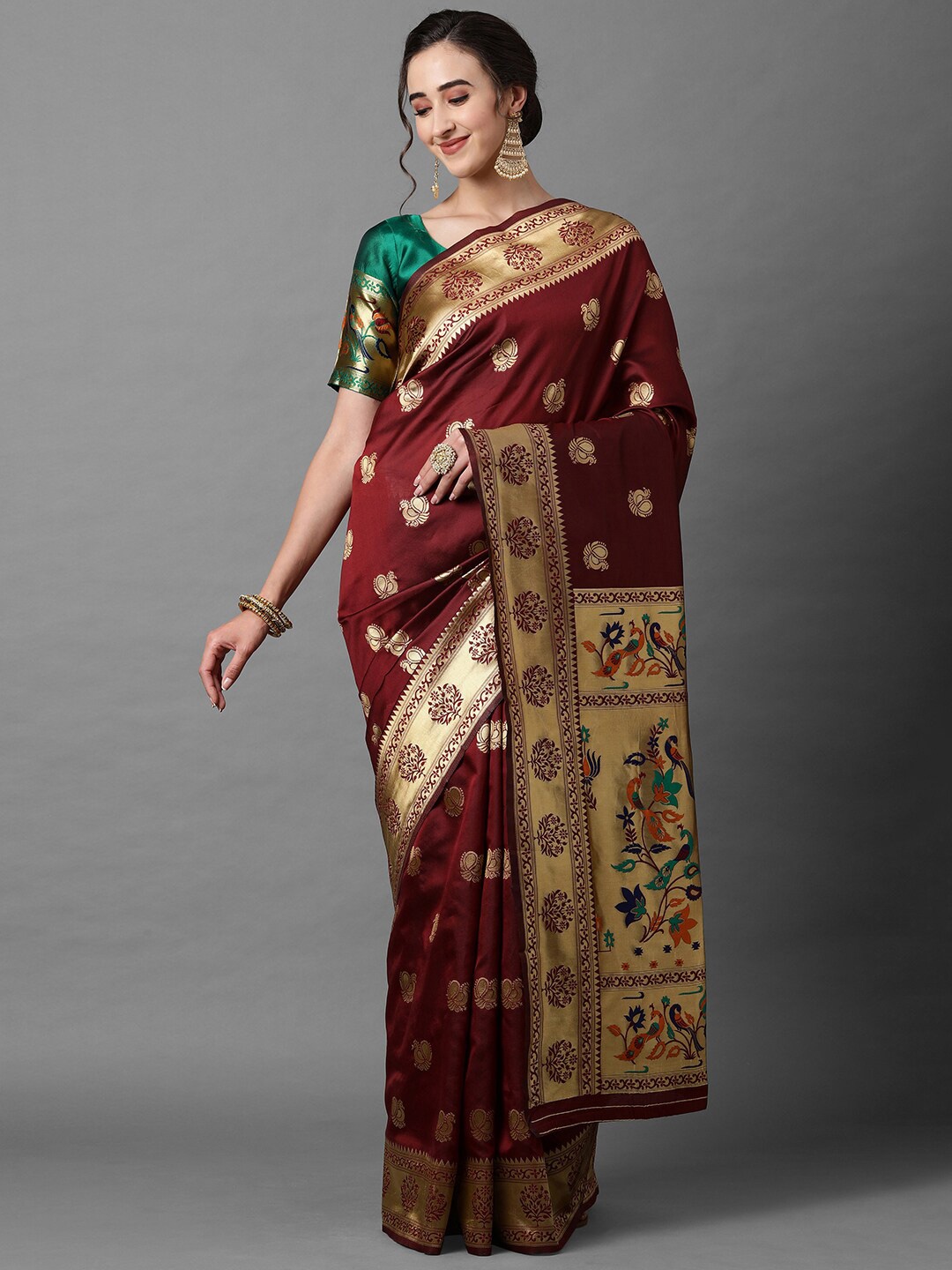 

Mitera Maroon & Gold-Toned Ethnic Motifs Zari Silk Blend Banarasi Saree