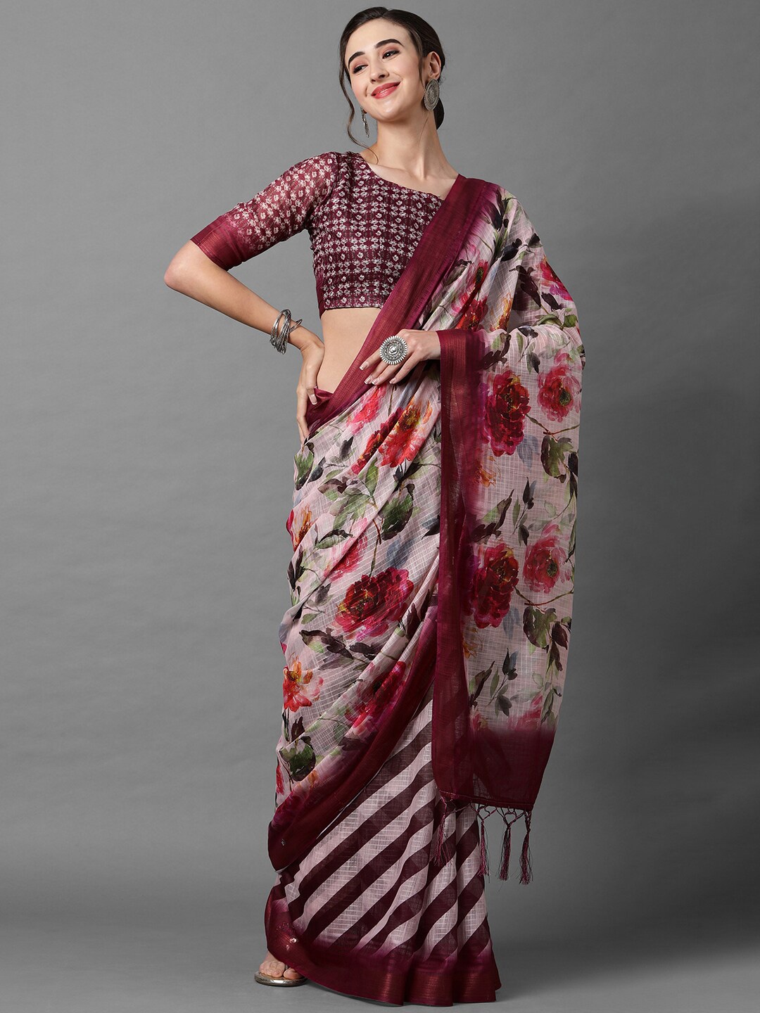 

Mitera Pink & Maroon Floral Zari Linen Blend Saree