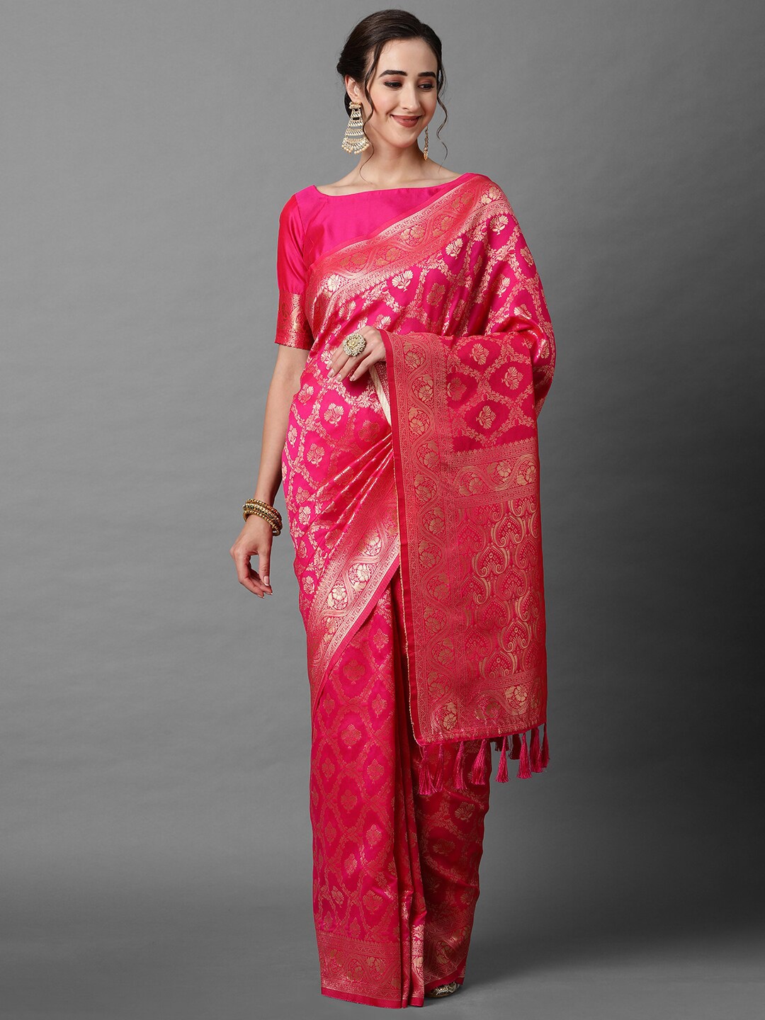 

Mitera Pink & Gold-Toned Woven Design Zari Silk Blend Banarasi Saree
