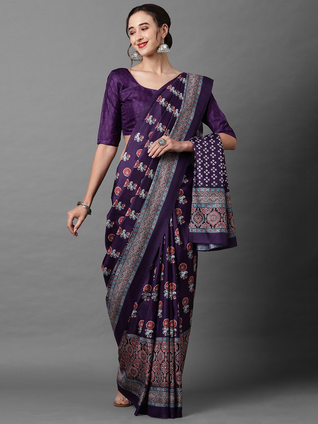 

Mitera Purple & White Ethnic Motifs Silk Blend Saree