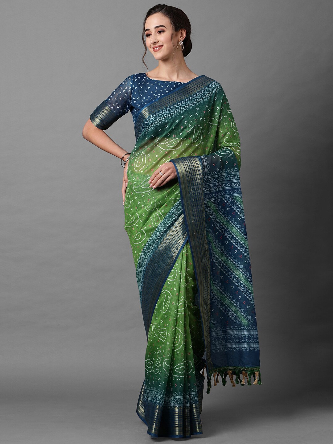 

Mitera Green & Blue Bandhani Zari Linen Blend Bandhani Saree