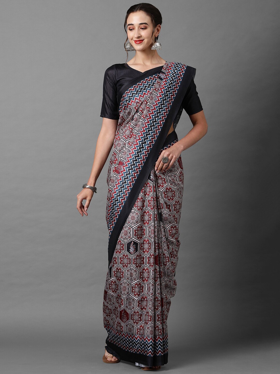 

Mitera Grey & Red Ethnic Motifs Silk Blend Saree