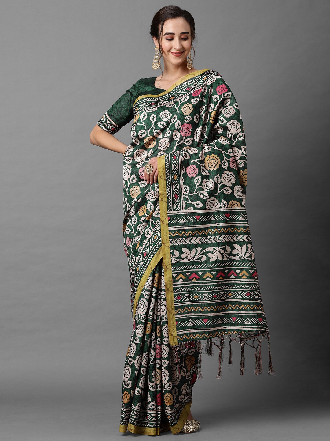 

Mitera Green & Pink Floral Silk Blend Saree