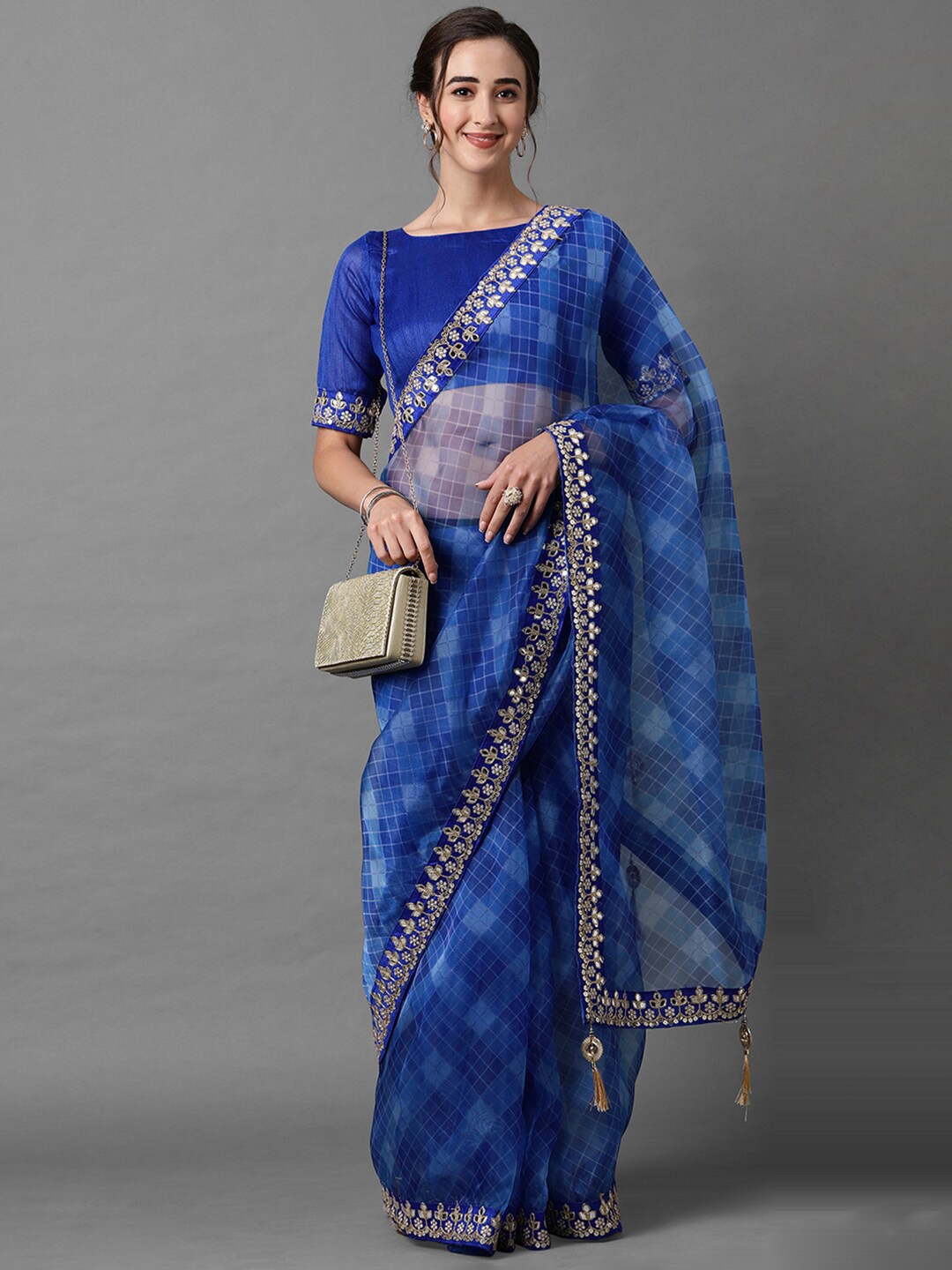 

Mitera Blue & White Checked Gotta Patti Organza Saree