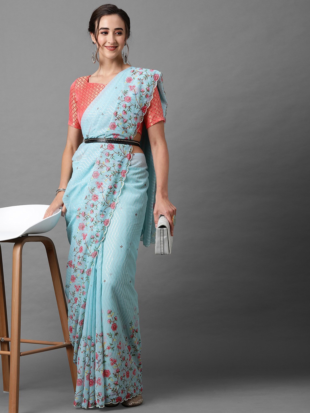 

Mitera Blue & Red Floral Sequinned Poly Georgette Saree
