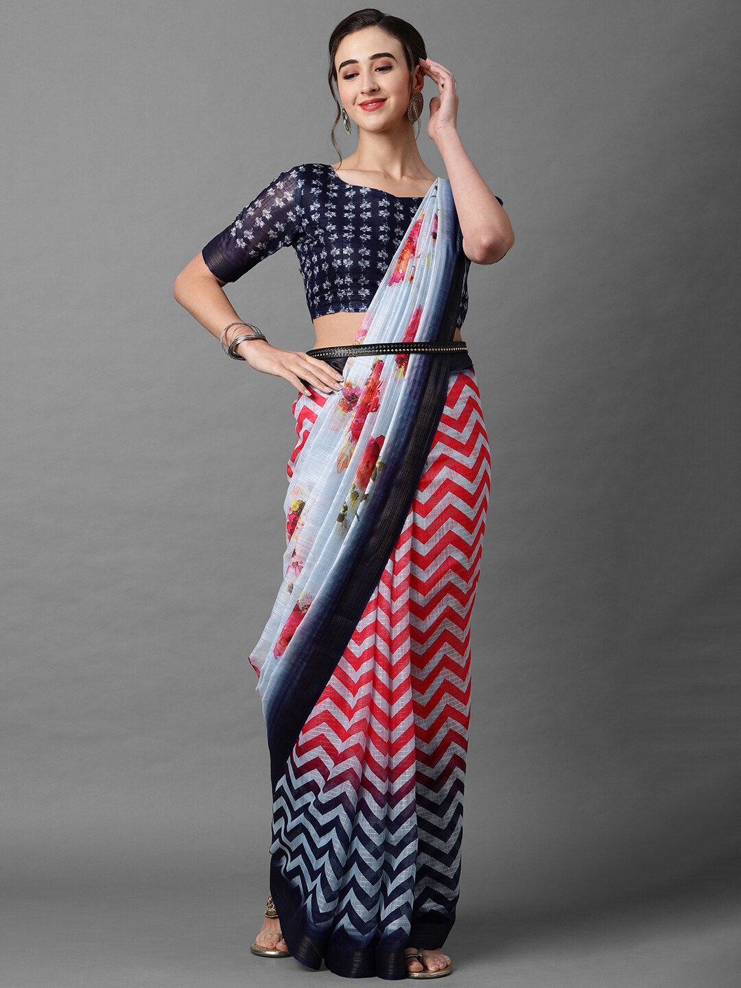 

Mitera Red & Blue Zari Linen Blend Saree
