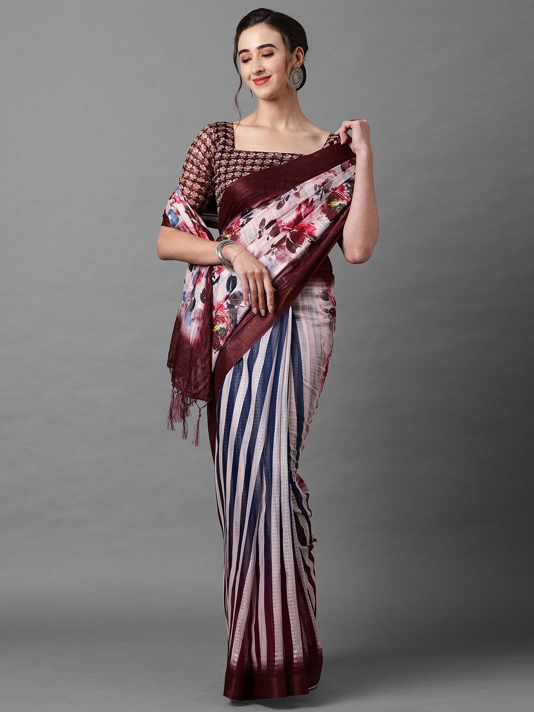 

Mitera Pink & Maroon Floral Zari Linen Blend Saree