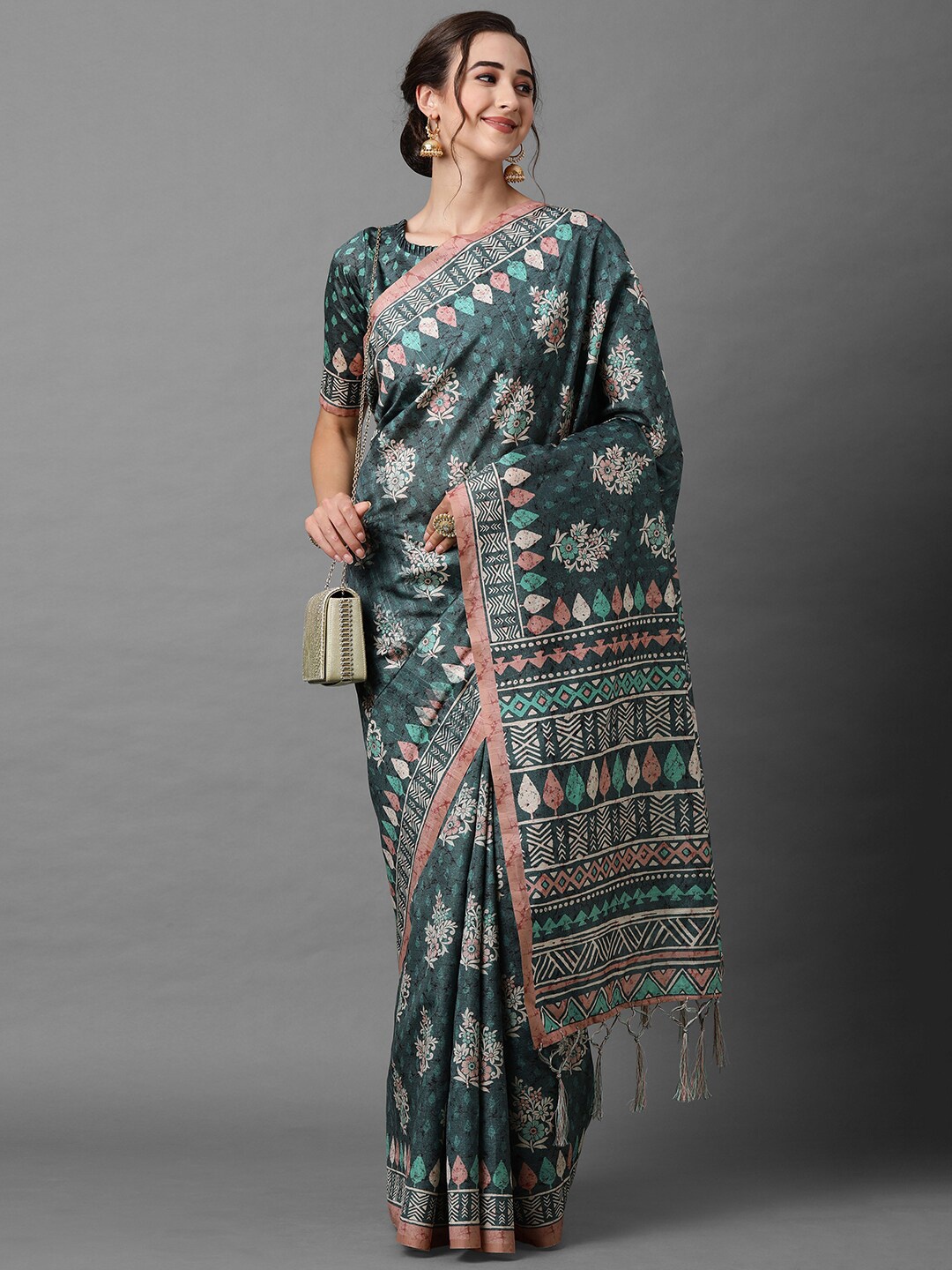 

Mitera Grey & Pink Ethnic Motifs Silk Blend Saree