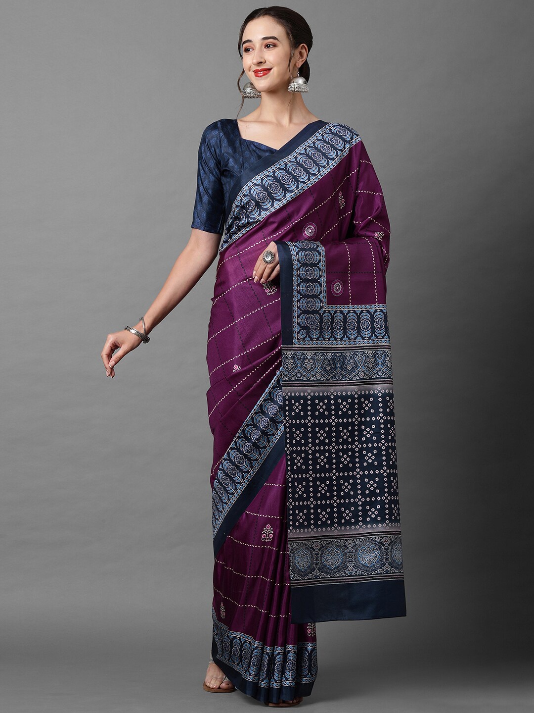 

Mitera Purple & Grey Ethnic Motifs Silk Blend Saree