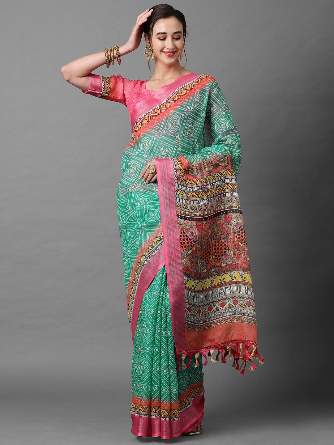 

Mitera Sea Green & Orange Bandhani Linen Blend Saree