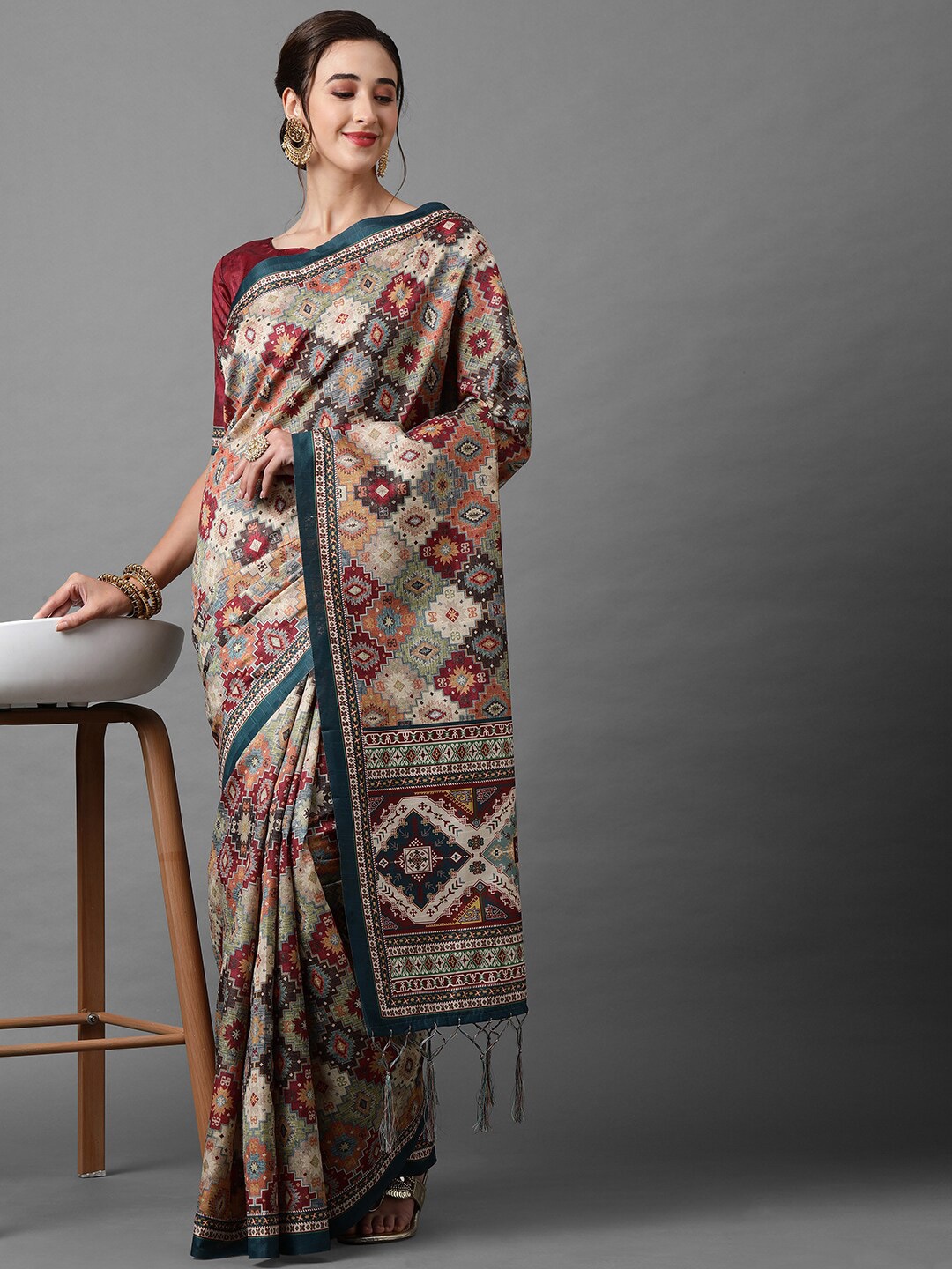 

Mitera Beige & Maroon Silk Blend Saree