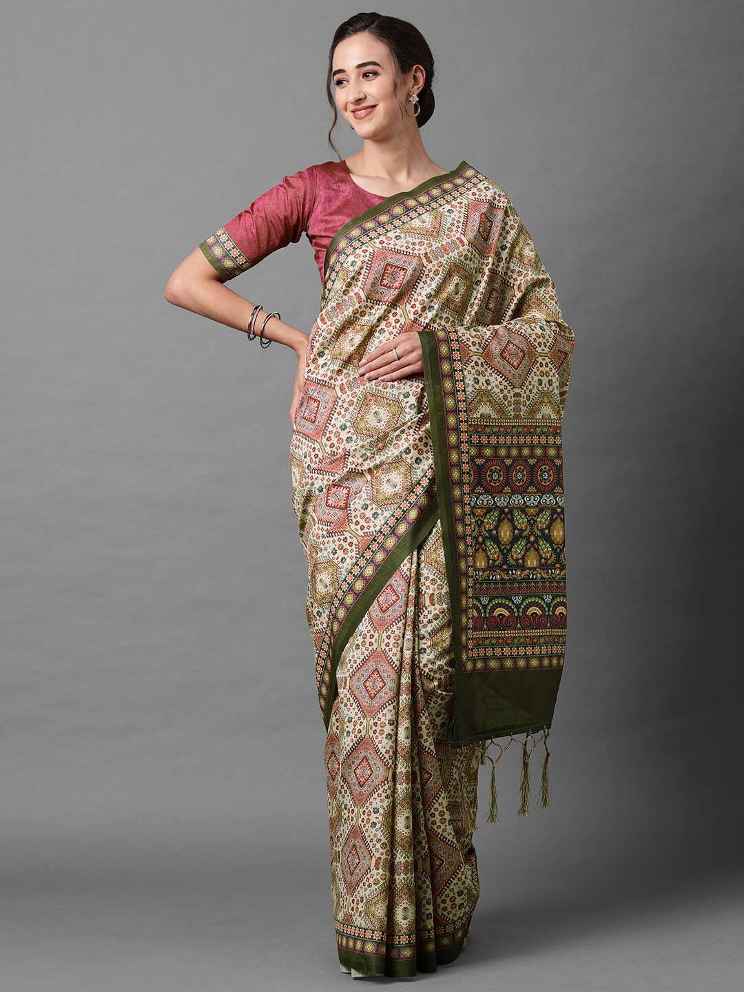

Mitera Beige & Green Silk Blend Saree