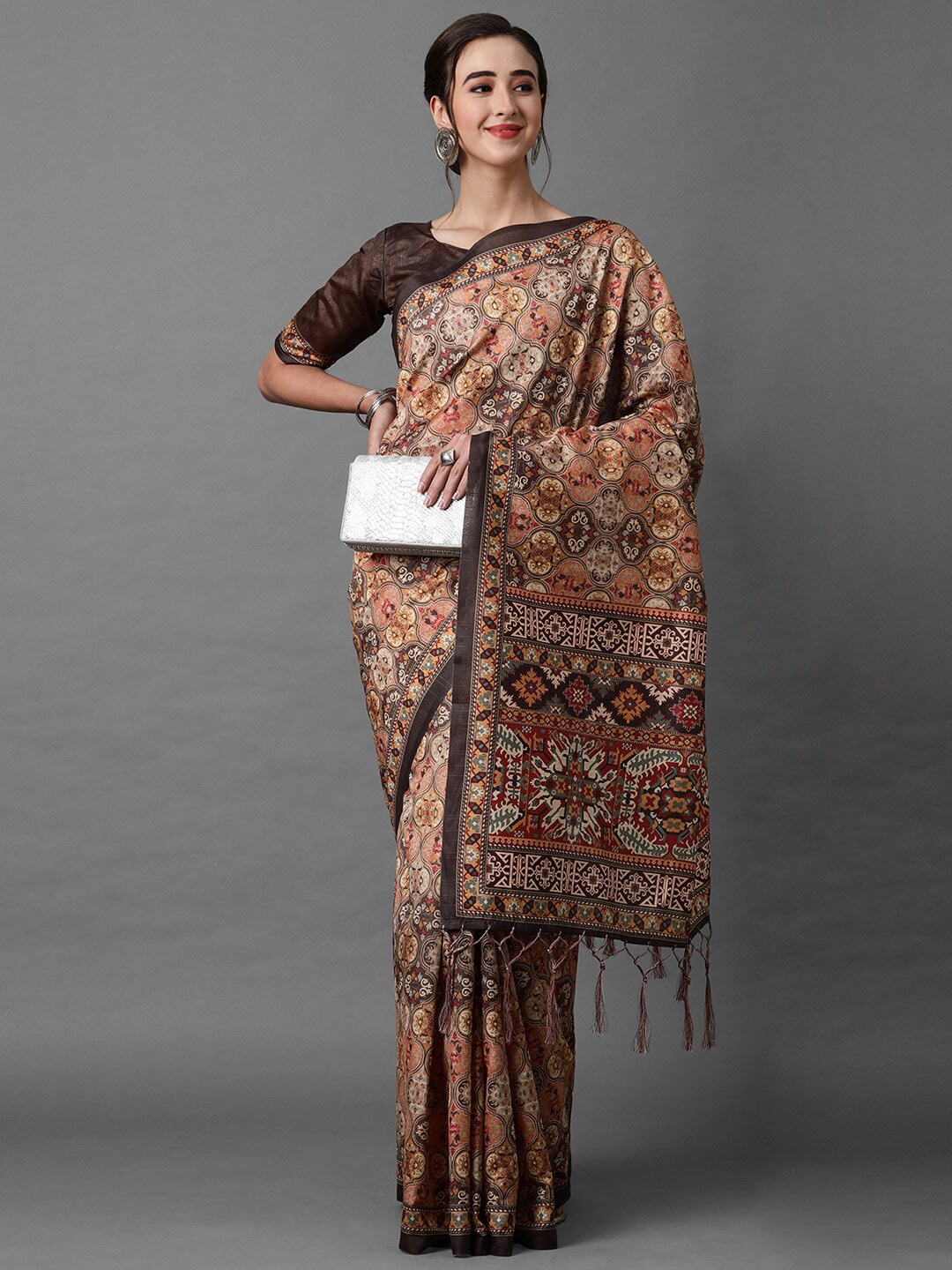 

Mitera Brown & Beige Silk Blend Saree