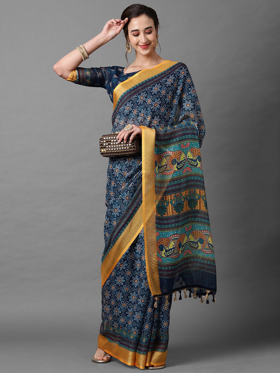 

Mitera Navy Blue & White Bandhani Zari Linen Blend Saree