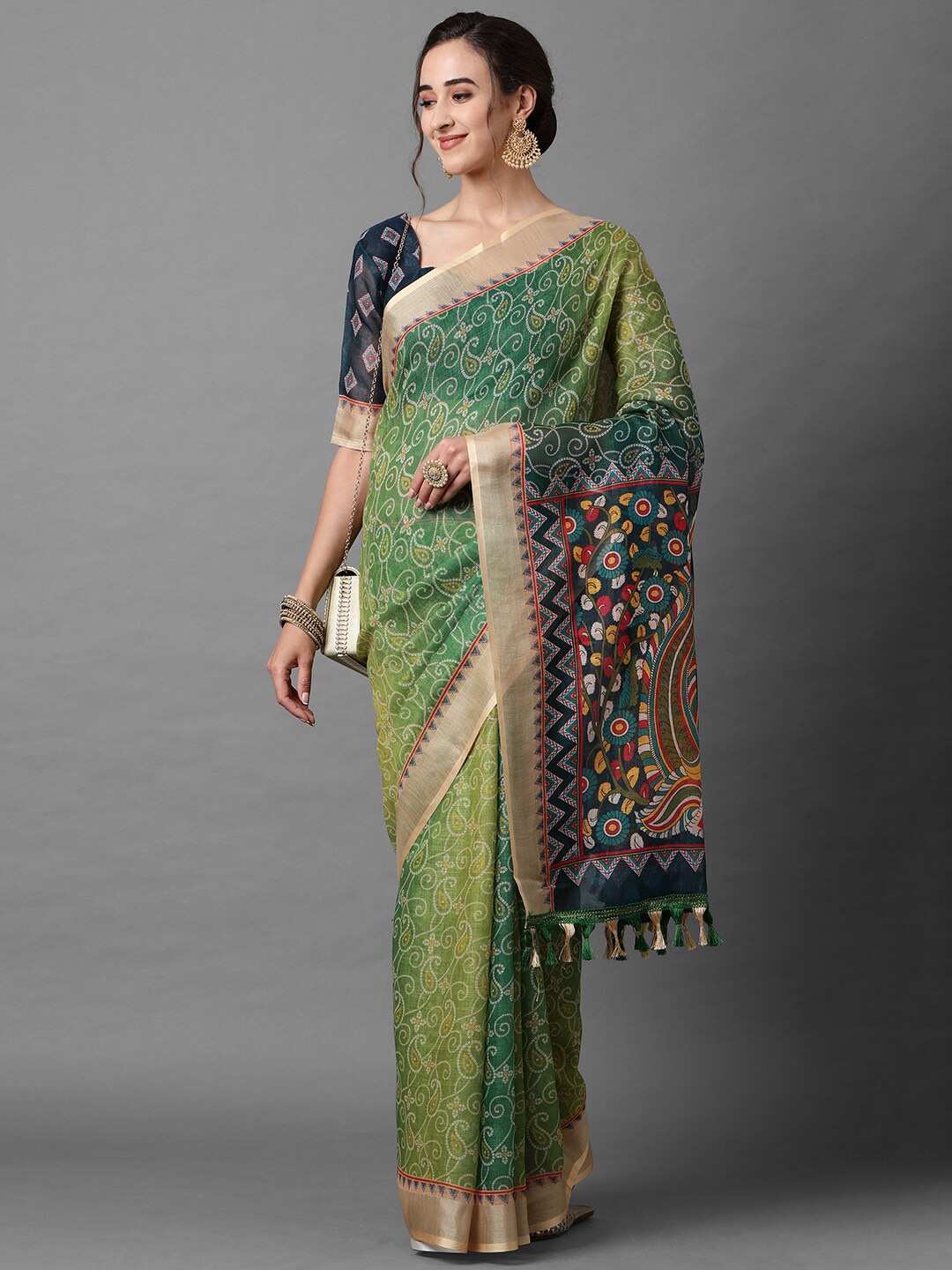 

Mitera Green & Beige Bandhani Zari Linen Blend Saree