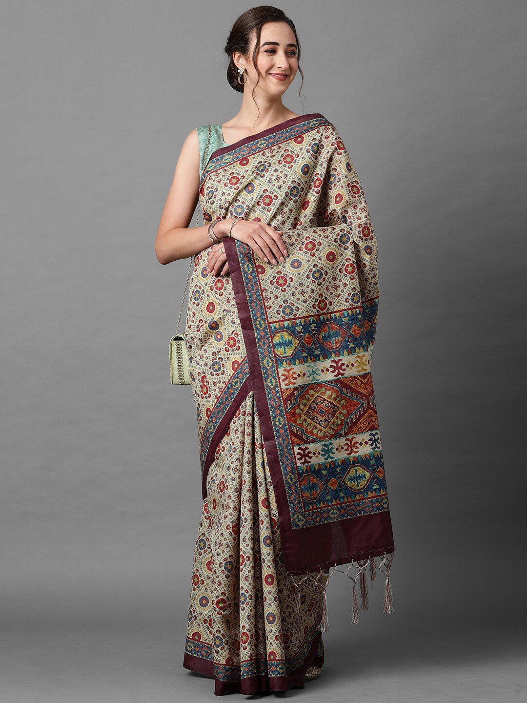 

Mitera Beige & Maroon Silk Blend Saree