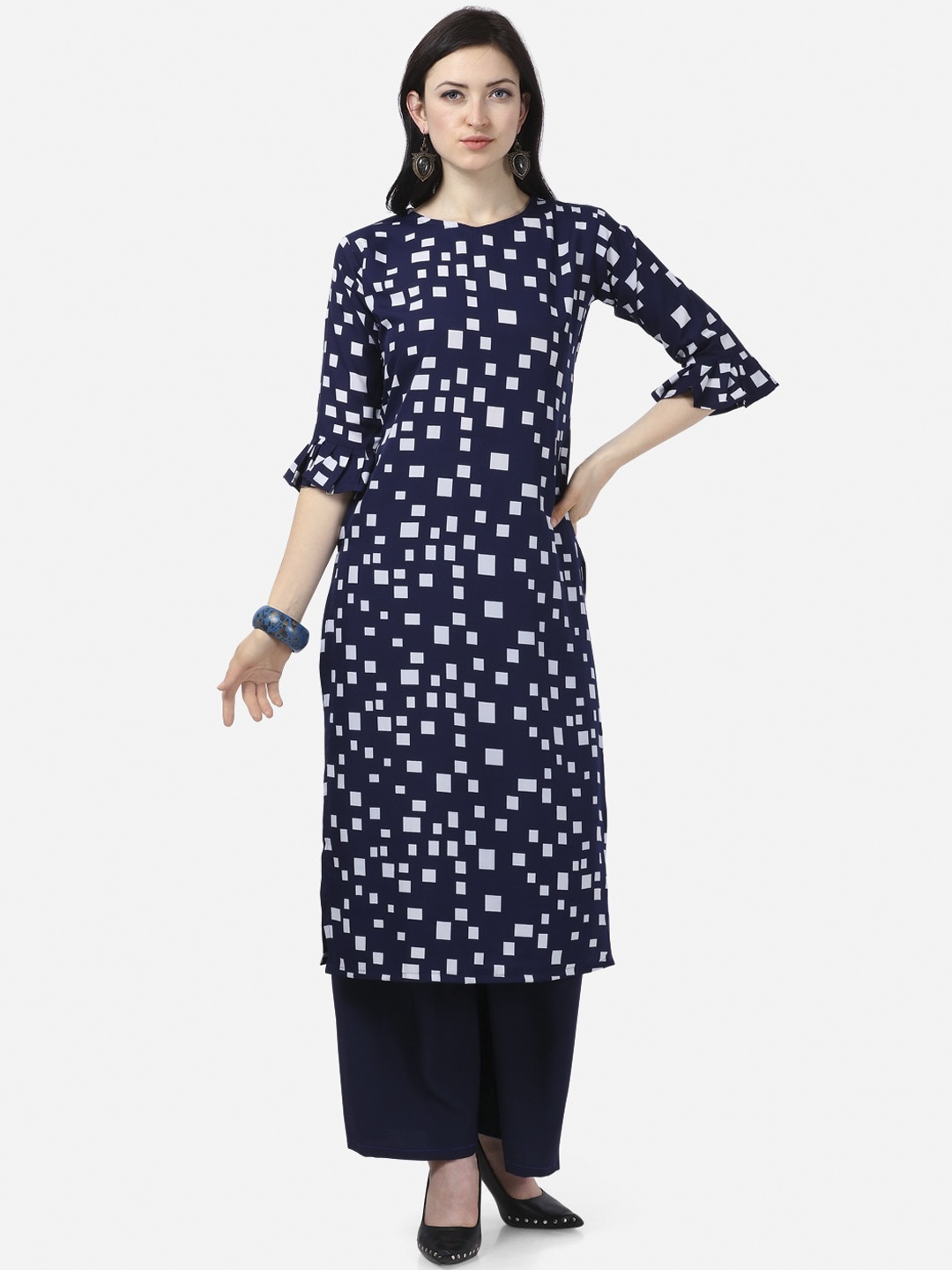 

SAADHVI Women Navy Blue Geometric Printed Crepe Kurta
