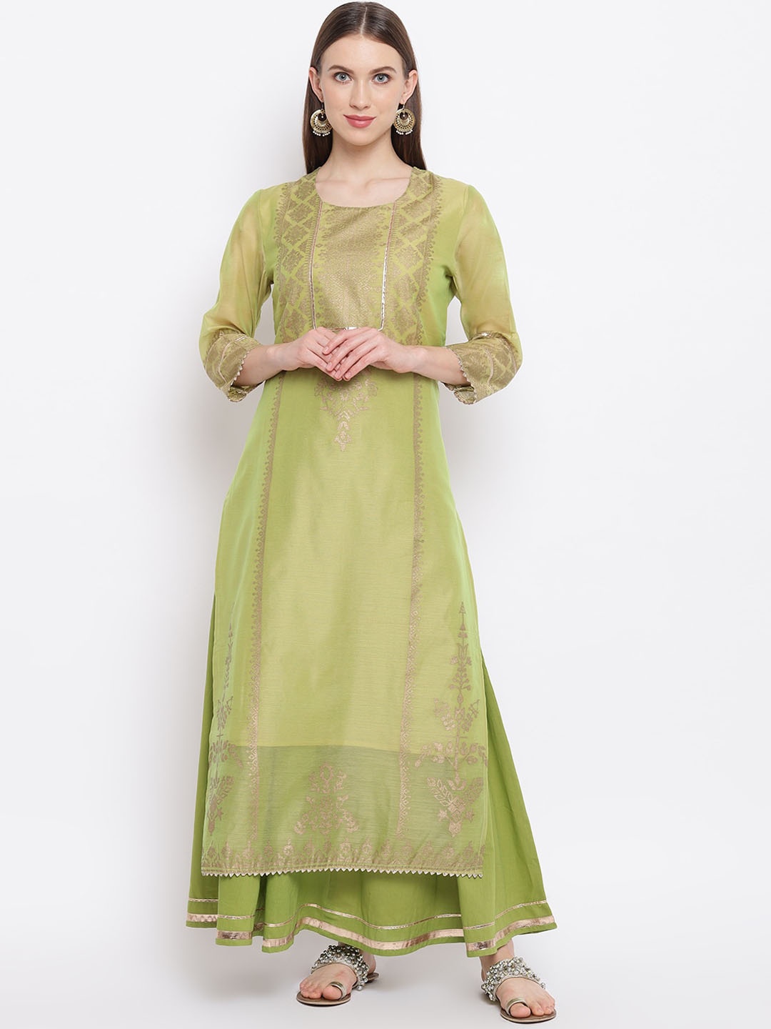 

RIVI Women Green Ethnic Motifs Printed Dupion Silk Kurta with Skirt