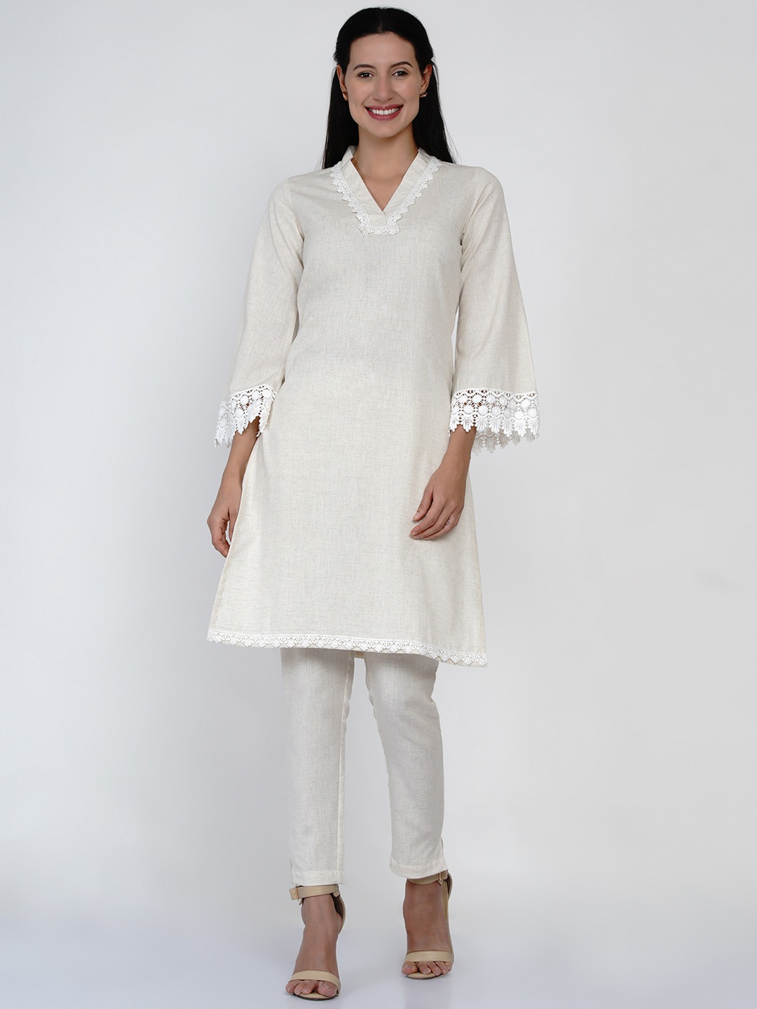 

FABNEST Women Off White Pure Cotton Kurta with Trousers