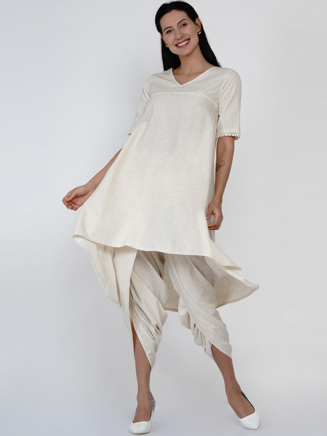

FABNEST Women Off White Pure Cotton Kurta with Dhoti Pants
