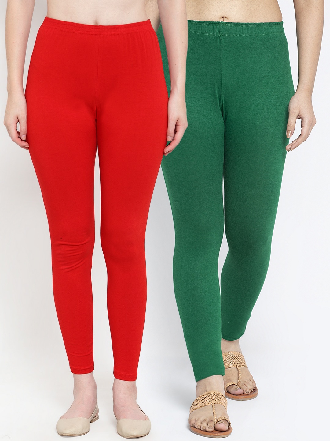 

GRACIT Women Pack Of 2 Solid Super Combed Cotton Ankle-Length Leggings, Red